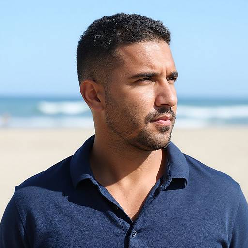 Photograph of a muscular, tan-skinned man with short dark hair and trimmed beard, wearing a navy blue polo shirt, gazing to the right