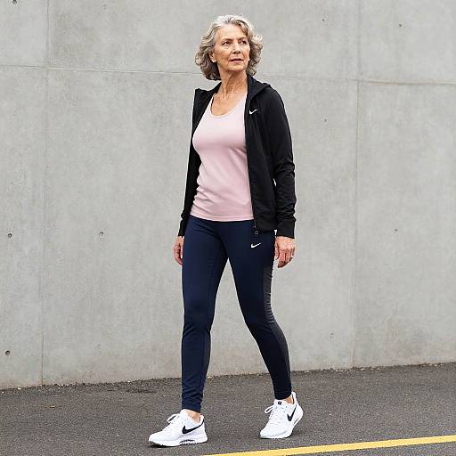 Photograph of an older woman with short gray hair, wearing a pink tank top, black jacket, black leggings, and white Nike sneakers, walking against