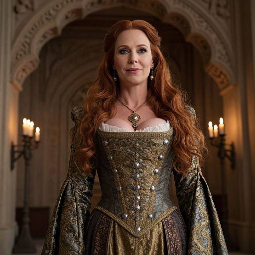 Photograph of a red-haired woman in an ornate, medieval-style gown with intricate embroidery, standing in a dimly lit, arched, go