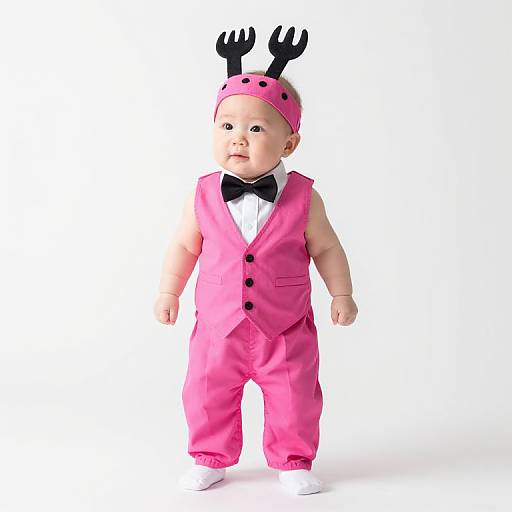 Photograph of a bald, Caucasian baby in a bright pink onesie with black bow tie, black antler headband, and white socks, standing