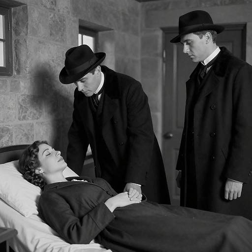 Vintage Black-and-White Scene with Woman in Bed and Men in Period Clothing