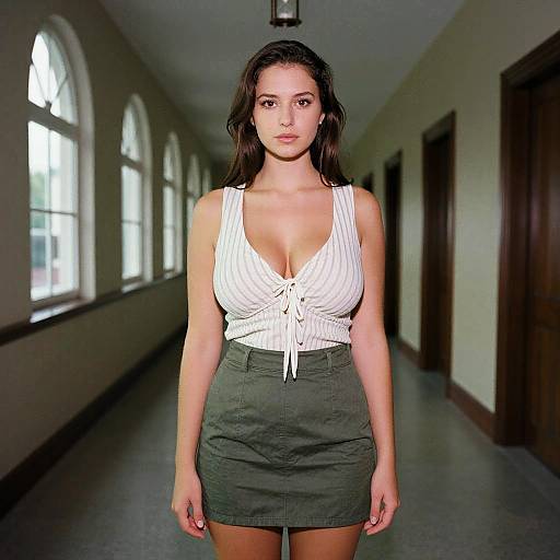 Photograph of a young woman with long brown hair, wearing a white pinstriped, low-cut top with a knot, and a green skirt