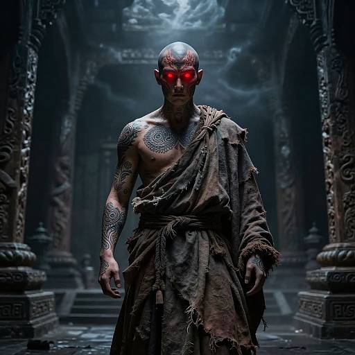 CGI image of a bald, red-eyed, tattooed, muscular male figure in tattered, ancient-style attire, standing in a dark, go