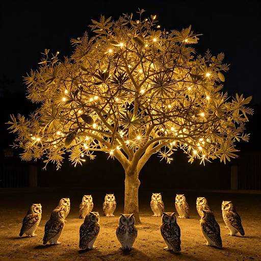Photograph of a lit, leafy tree with glowing white lights, surrounded by nine owl-shaped lanterns, at night. Warm, festive ambiance.