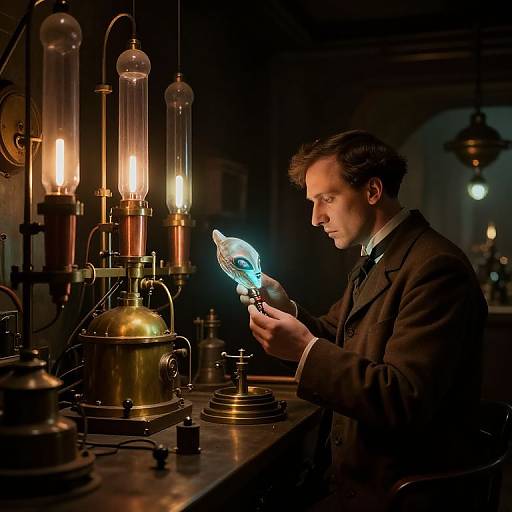 Photograph of a young man in a brown suit, holding a glowing blue object, surrounded by vintage brass lamps in a dimly lit, industrial-style