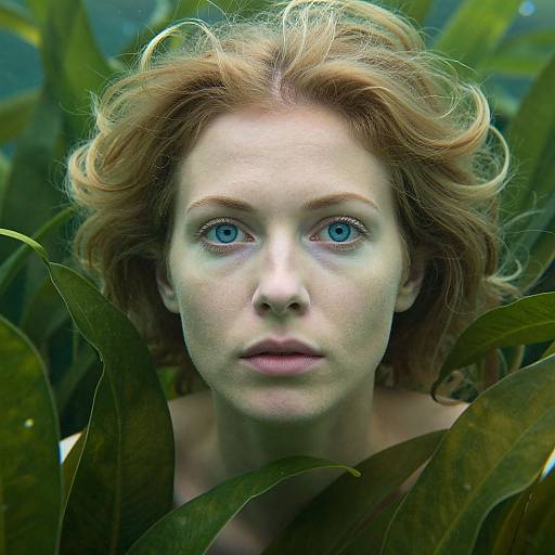 Photograph of a pale-skinned, blue-eyed redhead woman with wavy hair, surrounded by large green leaves, looking intently forward. Submerged