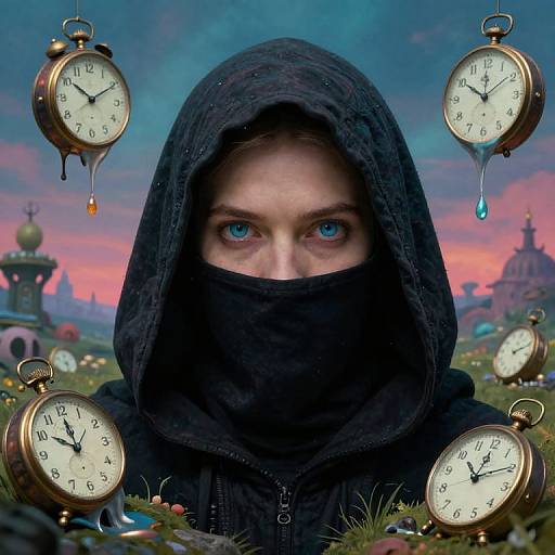 Photograph of a mysterious person with piercing blue eyes, hooded black cloak, surrounded by floating antique clocks with dripping water, set against a surreal,