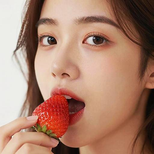 Close-up photograph of a young woman with fair skin, brown eyes, and brown hair, eating a ripe red strawberry, her lips slightly parted.