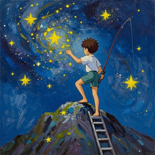 Digital painting: Boy with brown hair and blue shorts, standing on mountain peak with ladder, fishing rod, and touching bright stars in swirling blue night sky