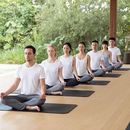 Photograph of six diverse individuals, three men and three women, meditating in a row on black yoga mats outdoors, wearing white shirts and gray pants
