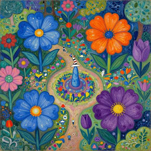 Vibrant, surreal painting of a colorful garden with large blue, orange, and purple flowers, tiny people, and a central blue cone surrounded by