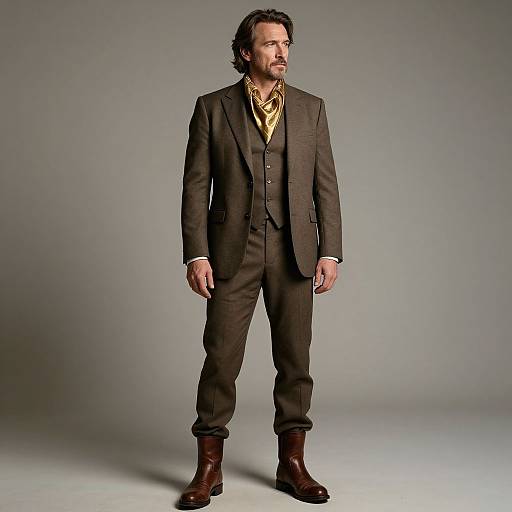 Photograph of a bearded man with medium-length dark hair, wearing a brown three-piece suit, gold patterned shirt, brown boots, standing against