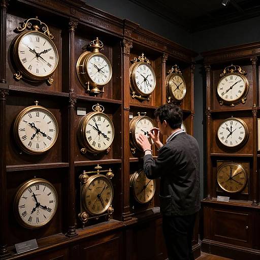 Photograph of a man in a dark suit, standing before a wooden wall filled with vintage, gold-framed clocks, taking a photo with his phone