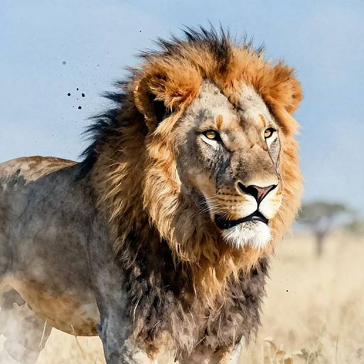 Photorealistic digital painting of a majestic male lion with a thick, dark mane, intense gaze, and light brown fur, standing in a sunlit