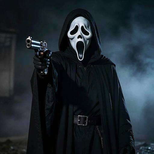 Photograph of a menacing figure in a black hooded cloak, white skull mask with hollow eyes and mouth, holding a silver handgun, against a sm