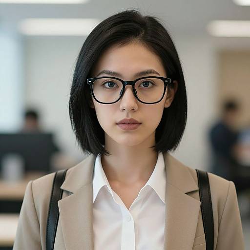 Photograph of an Asian woman with straight black bob haircut, wearing black-rimmed glasses, beige blazer, white shirt, and black suspenders