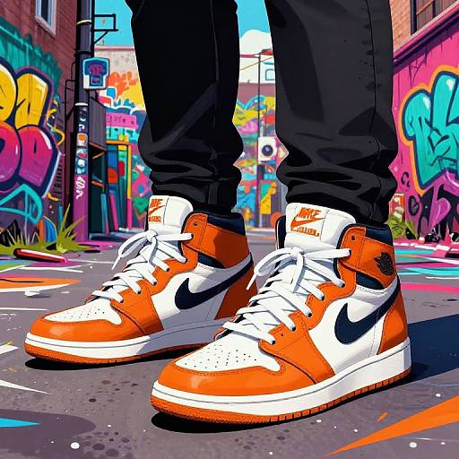 Digital artwork of vibrant orange and white Nike sneakers on a graffiti-covered urban street, with colorful murals and bright sunlight.