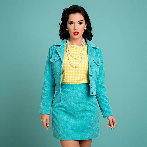 Photograph of a fair-skinned woman with black curly hair, red lipstick, wearing a turquoise jacket and skirt, yellow checkered top, pearl necklace