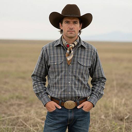 Photograph of a white man in a cowboy hat, plaid shirt, and patterned neckerchief, standing confidently in a dry, grassy