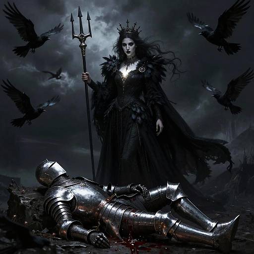 Dark fantasy illustration: A crown-wearing, black-robed, pale-skinned queen with long, wild hair holds a trident, standing over fallen