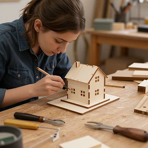 Photograph of a young woman with brown hair in a denim shirt, meticulously assembling a small wooden house model on a workshop table with tools and wood pieces
