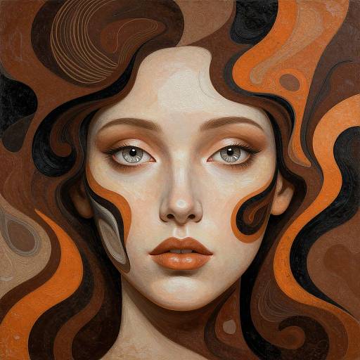 Digital artwork of a fair-skinned woman with blue eyes, full lips, and flowing, abstract brown and orange hair, blending realistic features with vibrant,