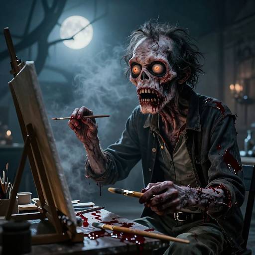 Digital artwork of a gruesome, undead artist with glowing orange eyes painting under a full moon, blood splattered on his shirt and brushes.