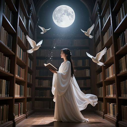 Photograph-like digital art of a fair-skinned woman in a flowing white robe, surrounded by white doves, standing in a moonlit library aisle