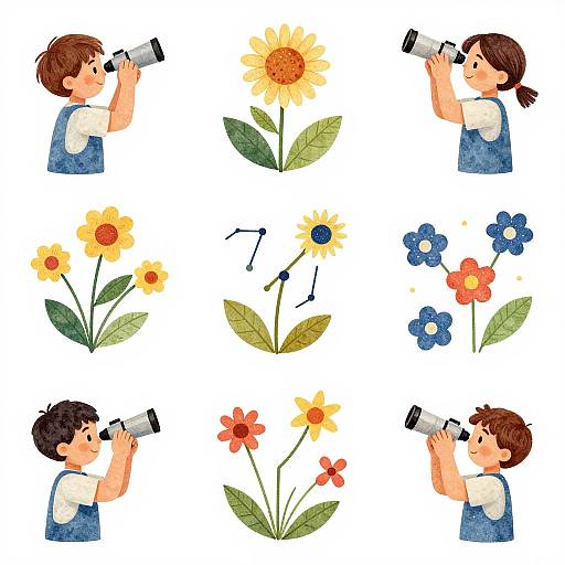 Illustration of four children with brown hair, wearing blue overalls, observing different flowers: sunflower, yellow flowers, blue flowers, and orange-red