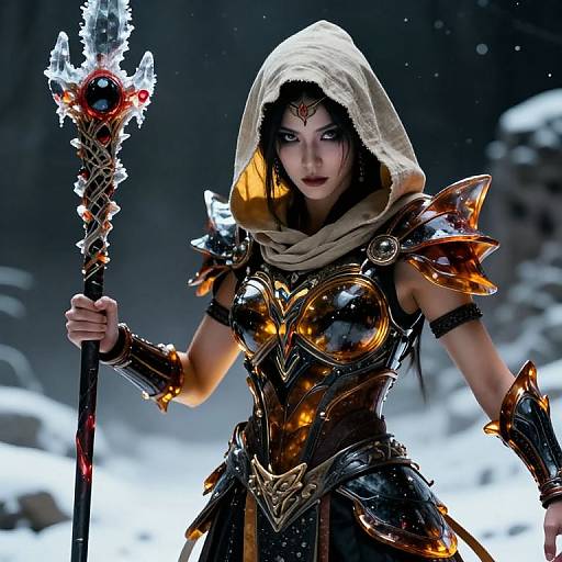 Digital art of a fierce, dark-haired warrior woman in glowing, dark armor and white hood, holding an ornate staff, standing in a snowy,
