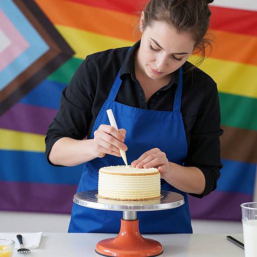 Photograph of a woman with brown hair in a blue apron, frosting a yellow cake on a red stand, against a rainbow flag backdrop.