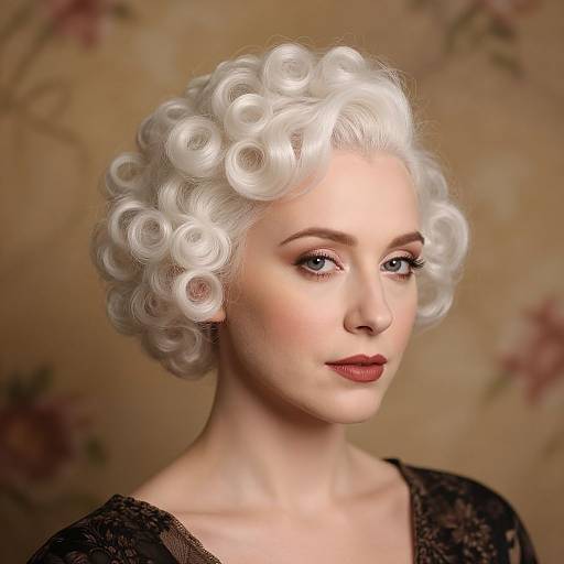 Photograph of a fair-skinned woman with white, curly powdered wig, blue eyes, and red lipstick, wearing a black lace dress, against a
