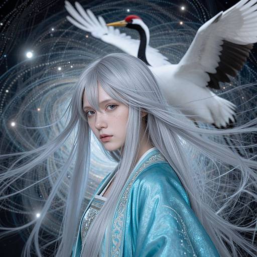 Digital art: Pale, silver-haired woman in blue, ornate robe, gazes forward. Large white crane with black neck and red beak flies