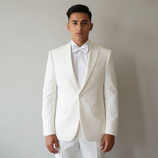 Photograph of a young man with short black hair, wearing a crisp white suit and bow tie, standing against a plain white background.