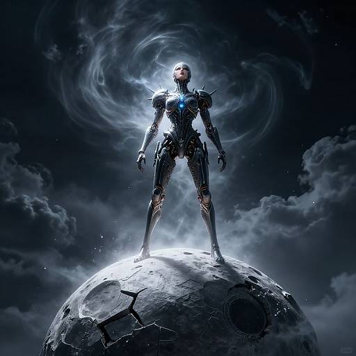 Photorealistic CGI of a futuristic, armored cyborg standing on a cracked, glowing planet, surrounded by swirling, dark clouds.