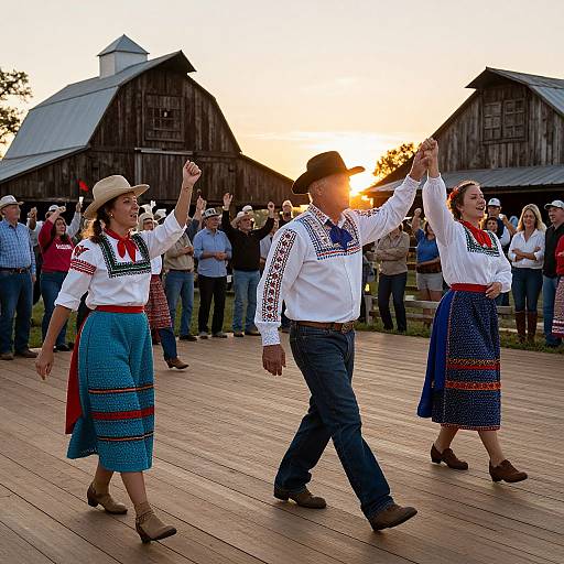 Photograph of three dancers in traditional white shirts and colorful skirts, clapping hands, standing on wooden platform at sunset in front of rustic barns,