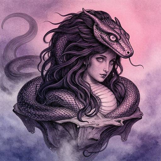 Digital ink drawing of a woman with long, wavy hair, enveloped by a snake with a dragon head, blending purple and pink hues. Myst