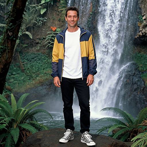 Photorealistic image of a smiling man with short dark hair, wearing a yellow-blue jacket, white shirt, black pants, and white sneakers, standing