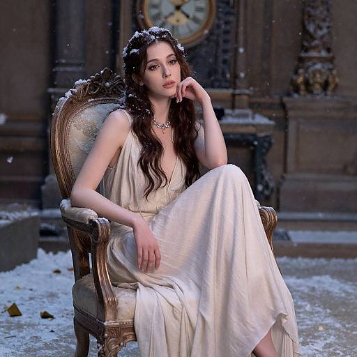 Photograph of a pale-skinned, dark-haired woman in a flowing white gown, seated on an ornate chair, snowy background, vintage clock,
