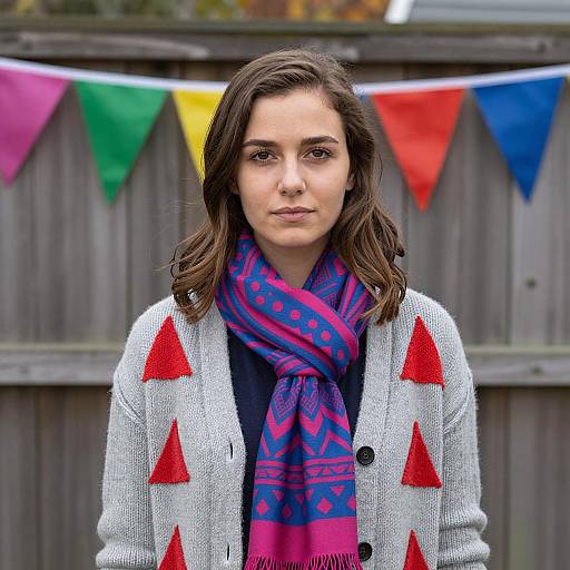 Young Woman with Multicolored Bunting Outdoors