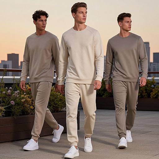 Photograph of three attractive, fit men in neutral-colored sweatsuits and white sneakers walking on rooftop terrace at sunset. City skyline in background.