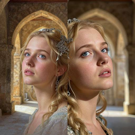 Photograph of a fair-skinned, blonde woman with blue eyes, wearing a silver floral headpiece and earrings, set against a stone archway background