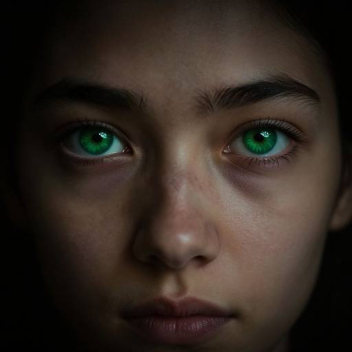 Close-up photograph of a young person with striking green eyes, dark eyebrows, and a serious expression, set against a dark background.