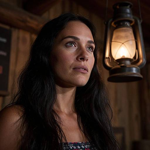 Photograph of a serious, dark-haired woman with long hair, wearing a strapless top, illuminated by a hanging lantern in a dim, wooden room
