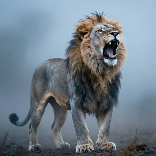Photorealistic digital artwork of a roaring male lion with a dense, brown mane, standing on a foggy ground, showcasing detailed fur and powerful stance