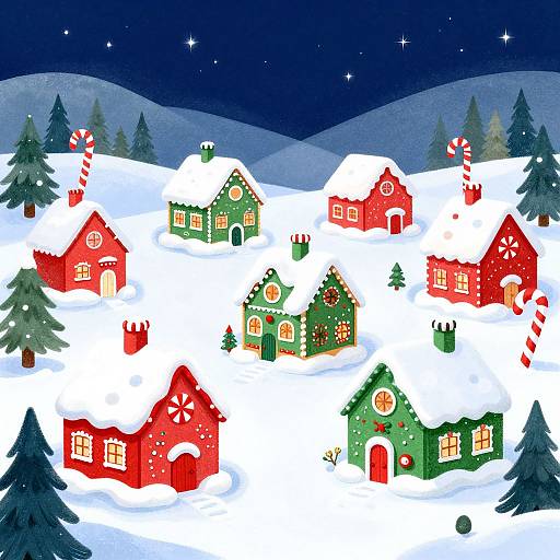Whimsical digital illustration of a snowy Christmas village with colorful, festive houses, candy cane trees, and a starry night sky.