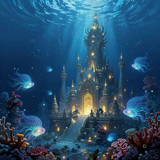 Underwater fantasy scene: luminous blue castle with golden lights, surrounded by glowing fish, colorful coral, and illuminated by sunlight from above.