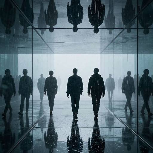 Photograph of silhouetted people walking through a rain-soaked, glass-walled corridor, with reflections and backlit bright white light at the