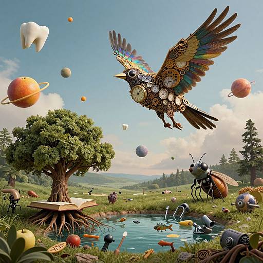 Surreal digital artwork: A colorful, clockwork bird with rainbow feathers soars above a whimsical meadow with floating planets, insects, and