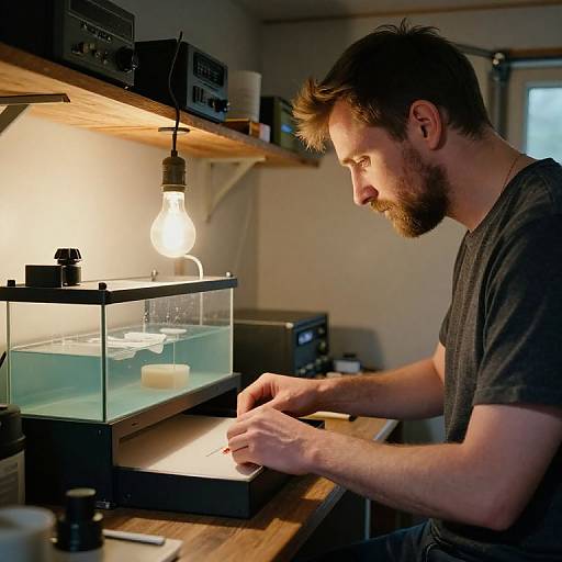 Photograph of a bearded man with brown hair, wearing a black t-shirt, concentrating on his work at a wooden table, illuminated by a hanging